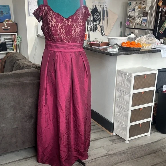 R & M Richards Burgundy Lace Prom Dress - Picture 1 of 9